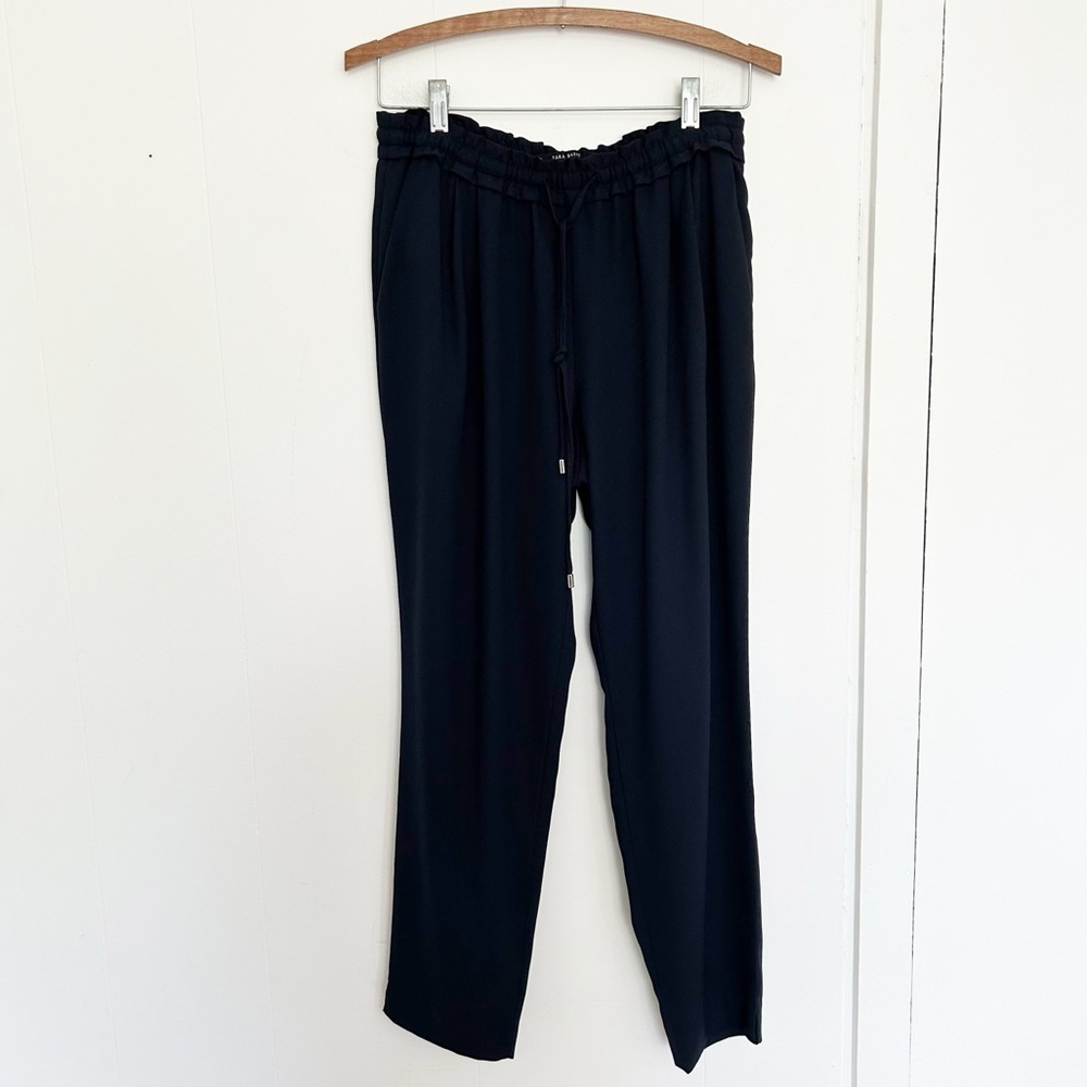 Zara Basic Navy Blue Drawstring Elastic Waist Slacks Pants Size Medium - Picture 2 of 6
